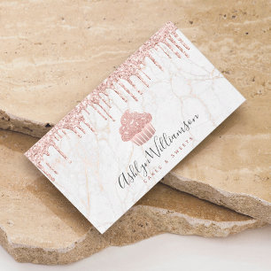 Tarjeta De Visita Cupcake Rose Gold Glitter Drips Marble Bakery Chef