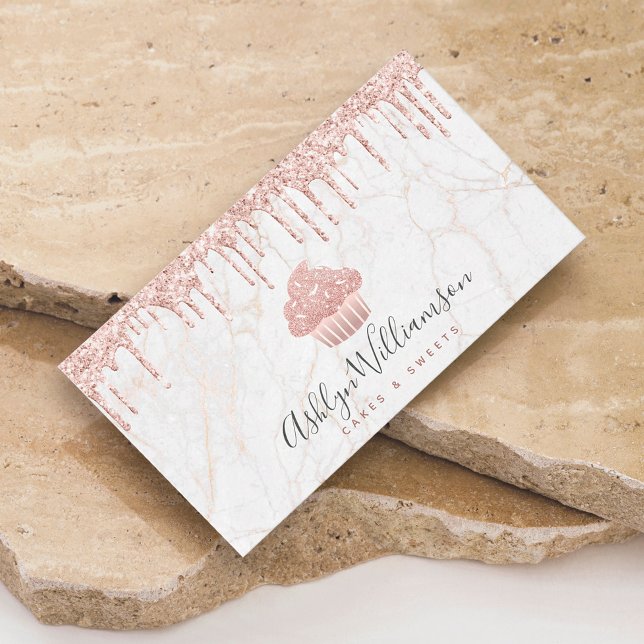 Tarjeta De Visita Cupcake Rose Gold Glitter Drips Marble Bakery Chef (Subido por el creador)