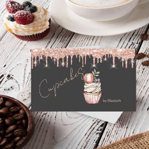 Tarjeta De Visita Cupcakes dulces Macaron gotas de oro rosa Gris