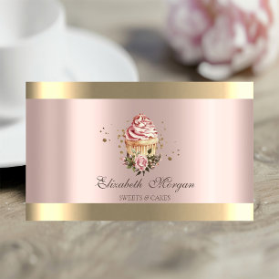 Tarjeta De Visita Cupcakes Florales Franja Dorada Panadería Rosa Dor