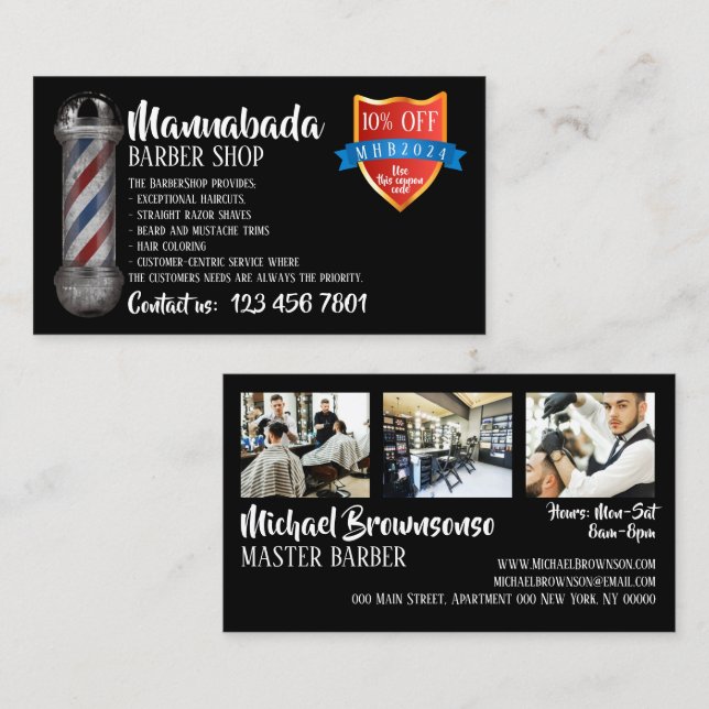 Tarjeta De Visita Cupón de descuento de fidelidad de barbería negra (Anverso / Reverso)