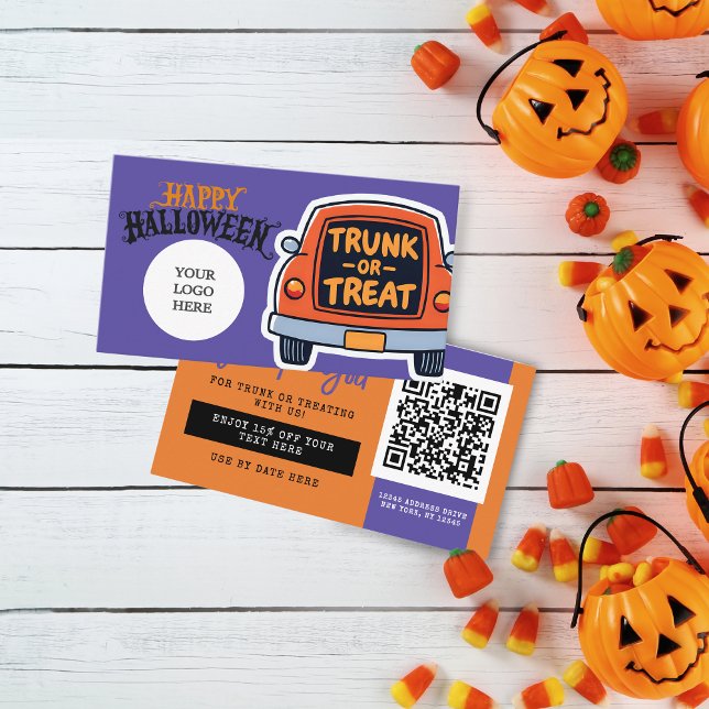 Tarjeta De Visita Cupón de Halloween de maletero o truco (Trunk or Treat Halloween Coupon Business Cards Pack of 100 in Orange, Purple, Grey and Black)