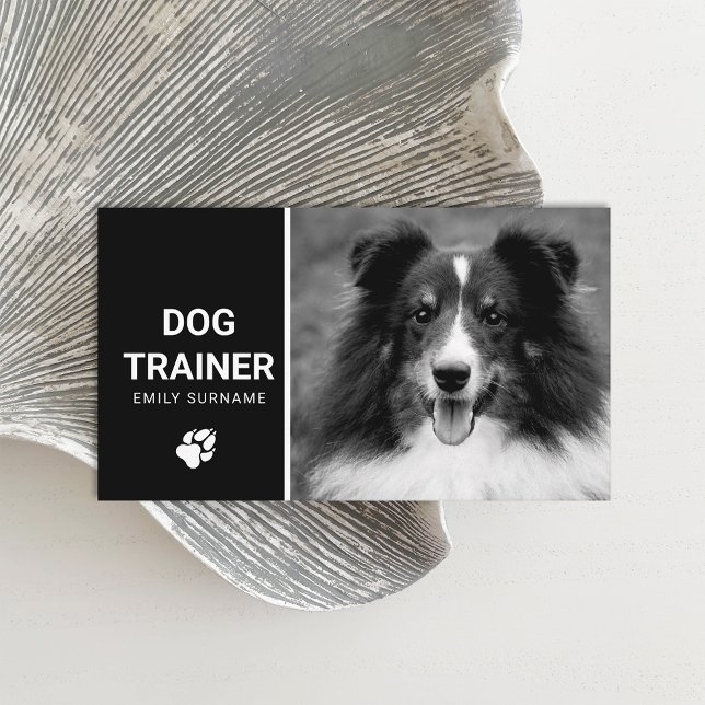 Tarjeta De Visita Curador De Fotografía De Perro Con Fluffy Cuadros, (Stylish black and white design for dog related jobs featuring a happy Shetland Sheepdog breed dog.)