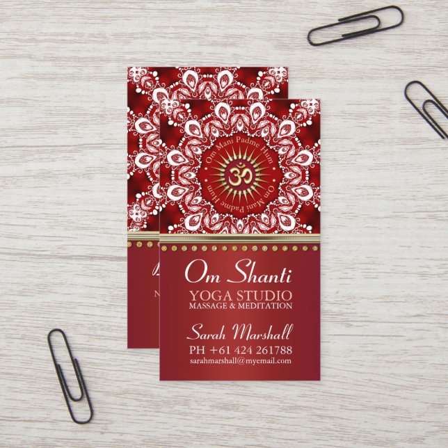 Tarjeta De Visita Curar Om Shanti Red White Mandala Yoga Business (Anverso/Reverso In Situ)