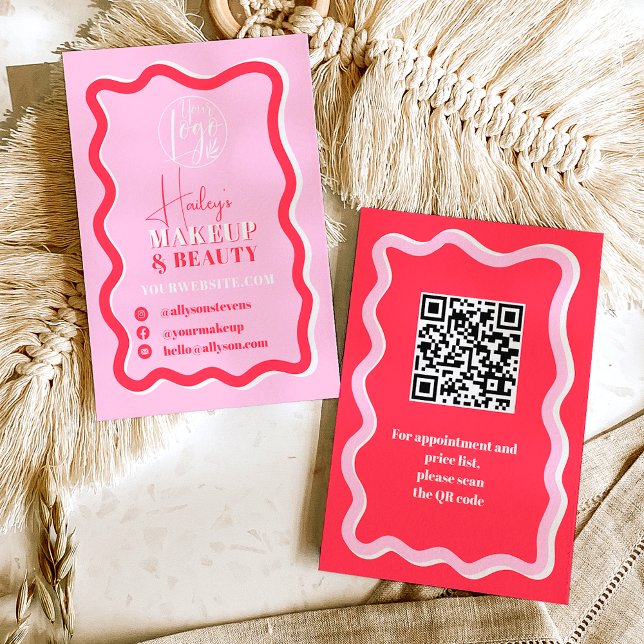 Tarjeta De Visita Curva rojiza retro rosada acurrucarse belleza ondu (Retro pink red curve squiggle wavy makeup beauty business card)