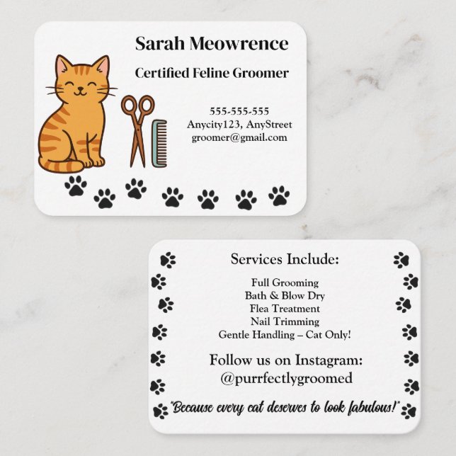 Tarjeta De Visita Custom Cat Groomer Business Card – Cute Paw Print  (Anverso / Reverso)
