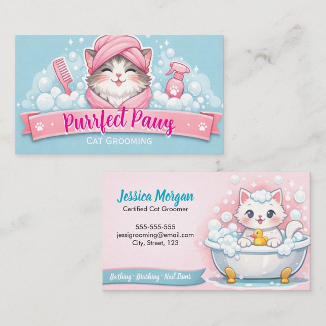 Tarjeta De Visita Custom Cat Groomer Business Card – Pastel Design (Anverso / Reverso)