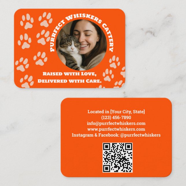 Tarjeta De Visita Custom Cattery Business Card – Orange  (Anverso / Reverso)