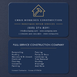 Tarjeta De Visita Custom Construction & Handyman Navy Blue Gold