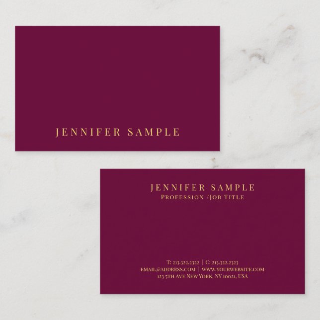 Tarjeta De Visita Custom Elegant Modern Burgundy Red Gold Text (Anverso / Reverso)