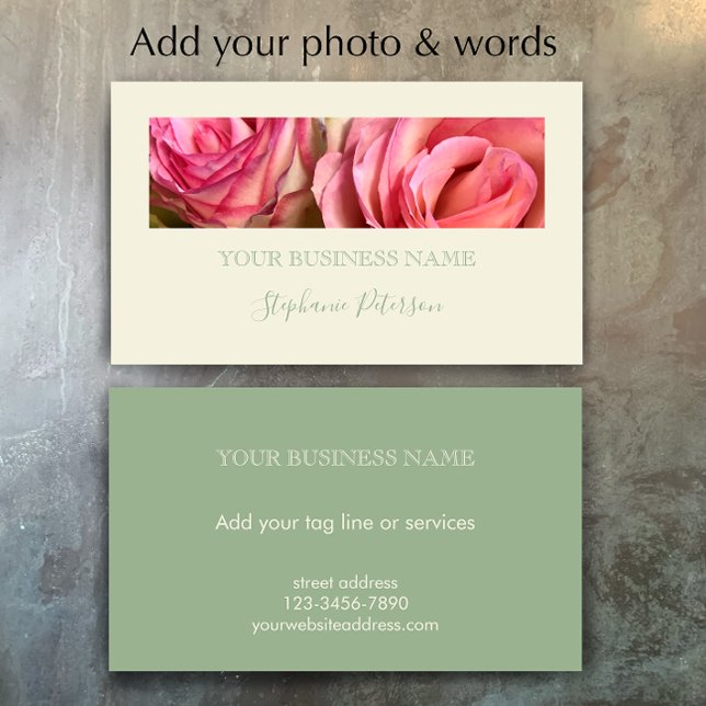 Tarjeta De Visita Custom Elegant Modern Sage Green Photo Template  (Add your photo and words to this elegant modern sage green business card template.
)