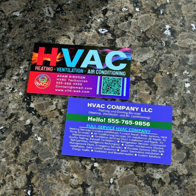 Tarjeta De Visita Custom HVAC Company Logo Qr Code | Professional AC (custom ac service business cards, hvac business card with QR, professional heating and cooling cards)