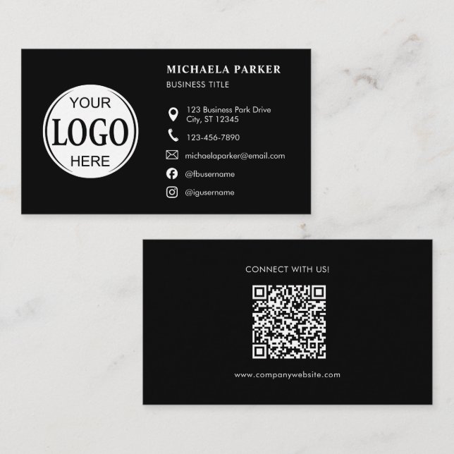 Tarjeta De Visita Custom Logo Icons Modern Black QR Code (Anverso / Reverso)