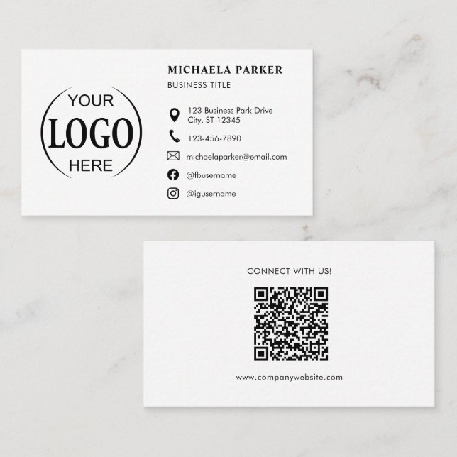 Tarjeta De Visita Custom Logo Icons Modern White QR Code (Anverso / Reverso)
