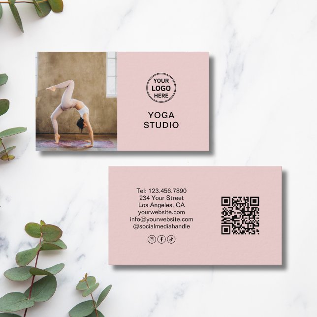 Tarjeta De Visita Custom Logo Photo QR Yoga Instructor Teacher Pink (Custom Logo Photo QR Yoga Instructor Teacher Pink Business Card)