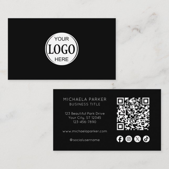 Tarjeta De Visita Custom Logo Social Icon QR Code Professional Black (Anverso / Reverso)