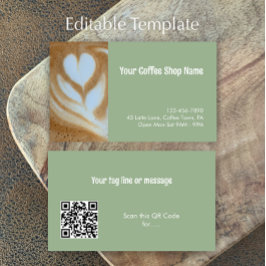 Tarjeta De Visita Custom Modern Sage Green Coffee Shop Photo QR Code