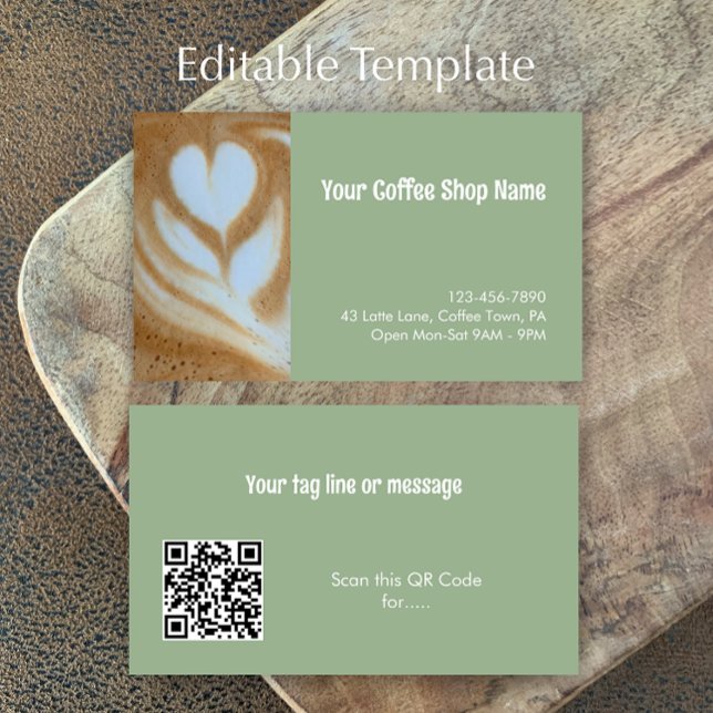 Tarjeta De Visita Custom Modern Sage Green Coffee Shop Photo QR Code (Customize this sage green business card template with contact details, QR code, photo. Coffee shop.
)