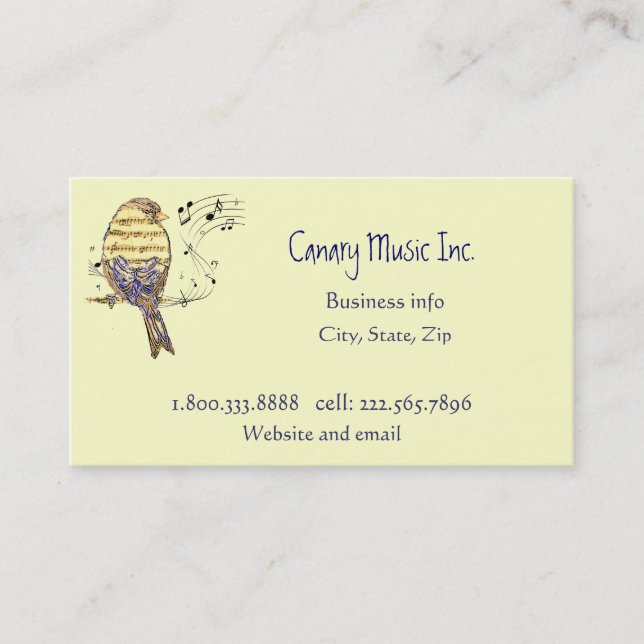 Tarjeta De Visita Custom Music Notes & Bird Music Business (Anverso)