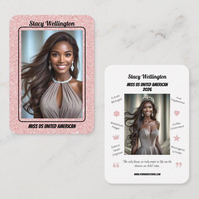 Tarjeta De Visita Custom Pageant Trading Cards | Rose Gold Glitter (Anverso / Reverso)