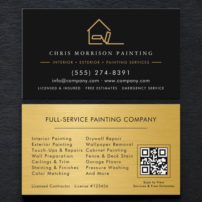 Tarjeta De Visita Custom Painter Painting Service Black Gold QR Code (Subido por el creador)