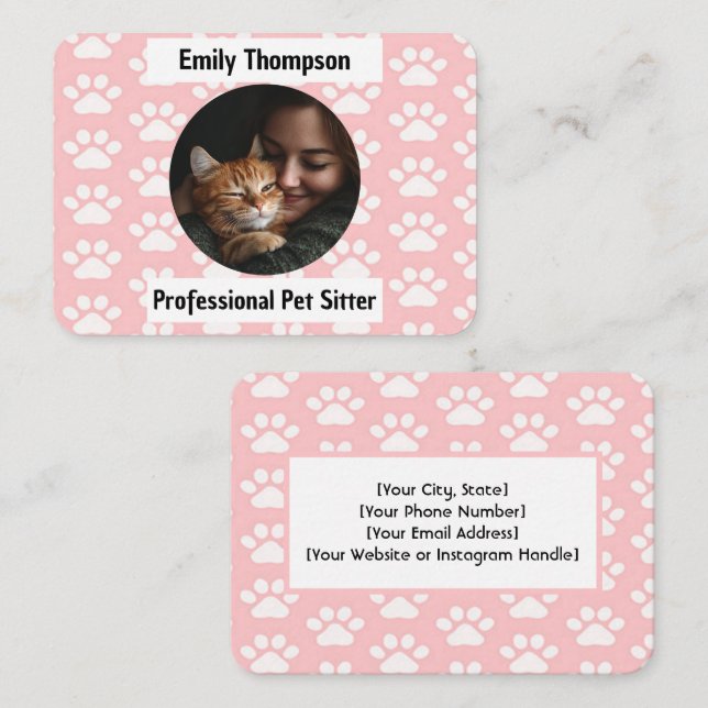 Tarjeta De Visita Custom Pet Sitter Business Card – Pink Paw Print  (Anverso / Reverso)