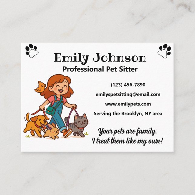 Tarjeta De Visita Custom Pet Sitter Business Card with Cute Cartoon  (Anverso)