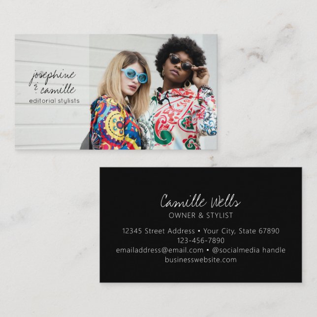 Tarjeta De Visita Custom Photo Trendy Script Editorial Stylist (Anverso / Reverso)