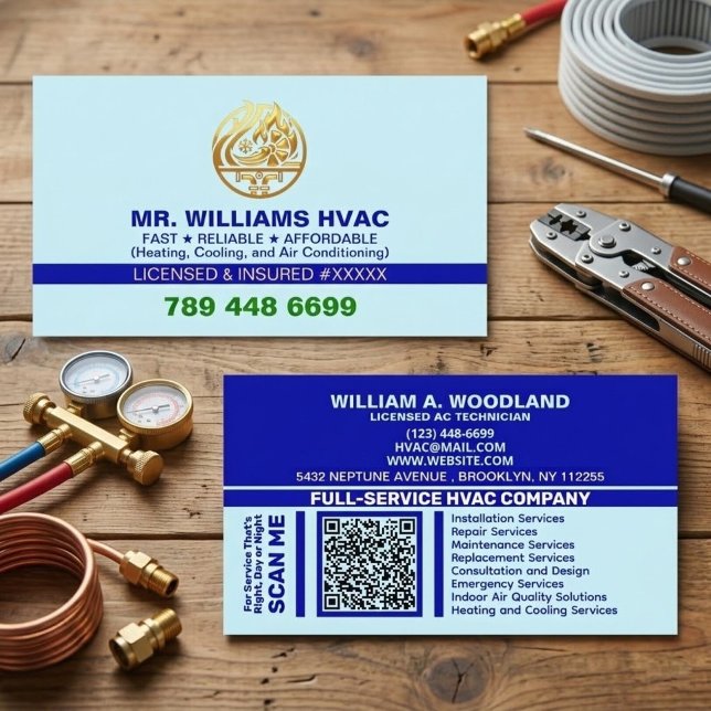 Tarjeta De Visita Custom Professional Logo & License | Blue AC HVAC (examples of hvac business cards)
