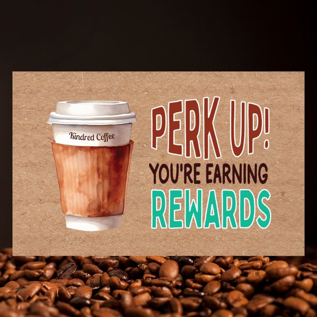 Tarjeta De Visita Custom Rustic Kraft Coffee Loyalty (Rustic kraft coffee loyalty card with watercolor art, QR code, and rewards tracking for cafes.)