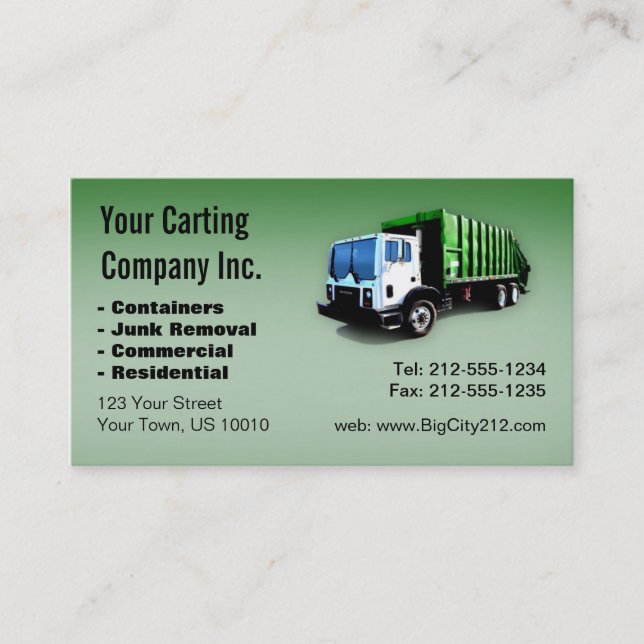 Tarjeta De Visita CUSTOMIZABLE Garbage Truck Carting Company (Anverso)