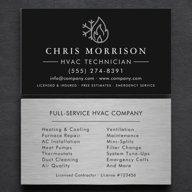 Tarjeta De Visita Customizable HVAC Black Steel Logo Metallic (Subido por el creador)