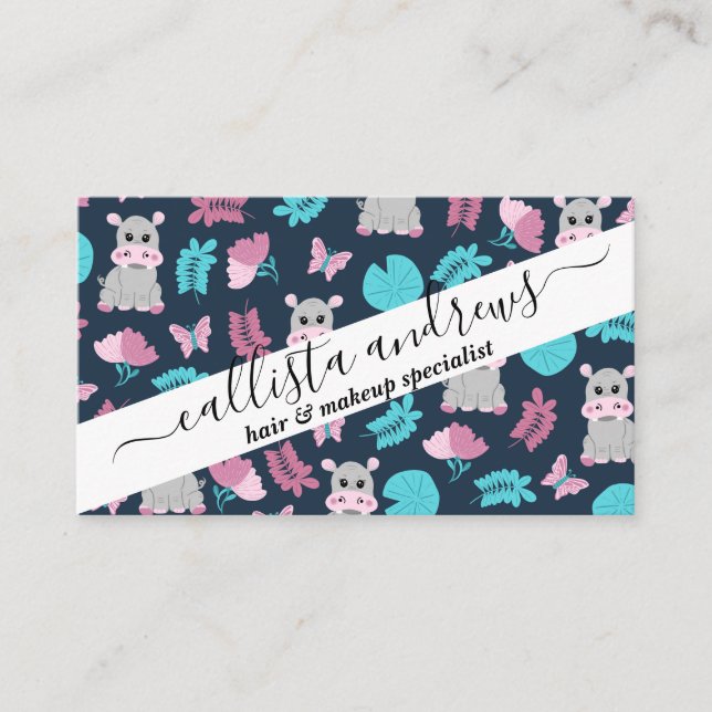 Tarjeta De Visita Cutáneo rosa Verde azulado Hippo Floral Mariposa L (Anverso)