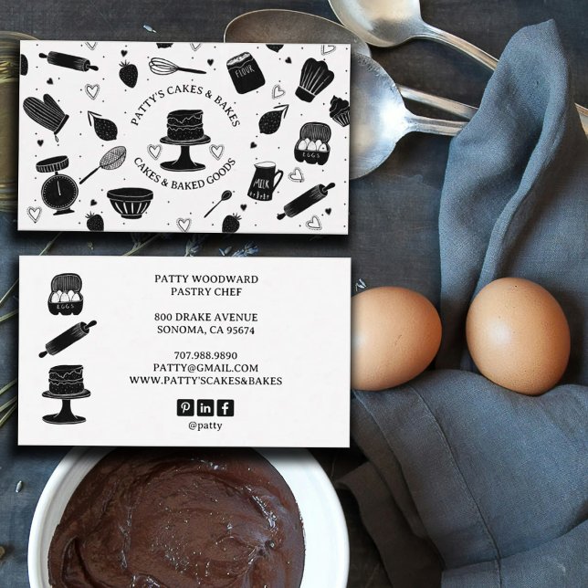 Tarjeta De Visita Cute Baker Pastry Chef Baking Utensiers Blanco Neg (Subido por el creador)