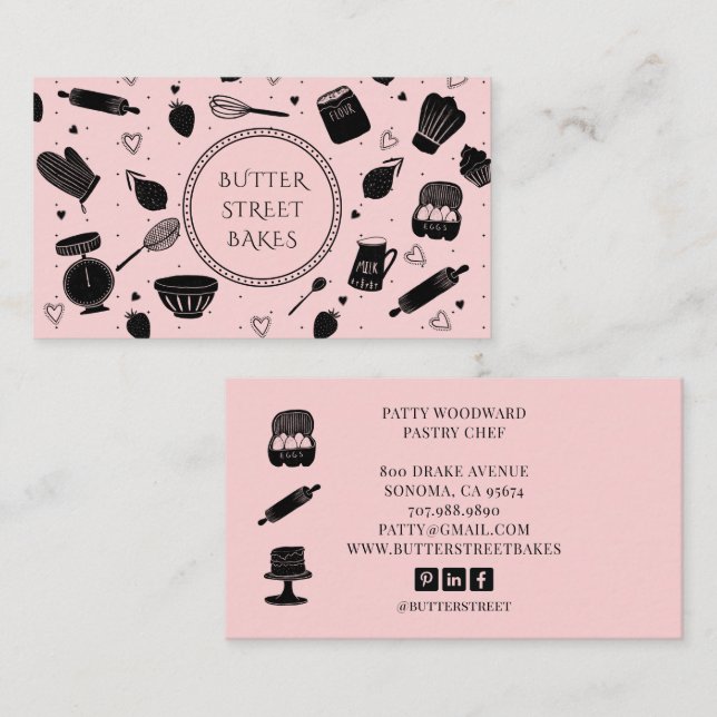 Tarjeta De Visita Cute Baker Pastry Chef Baking Utensiers Pink Black (Anverso / Reverso)