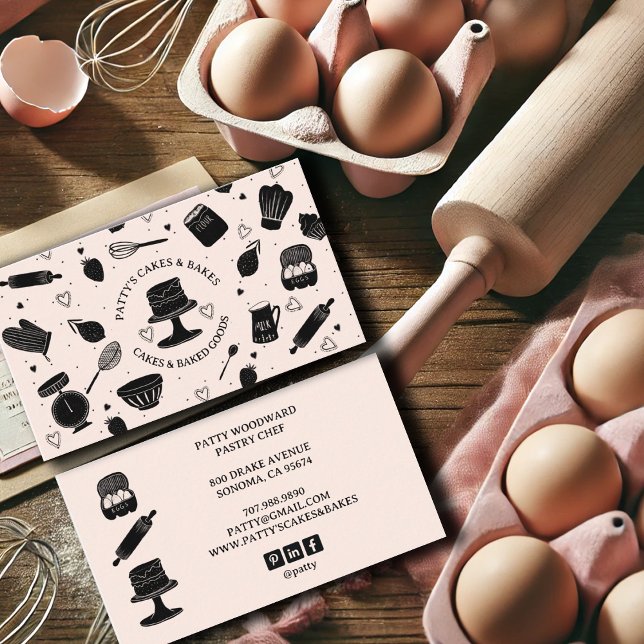 Tarjeta De Visita Cute Baker Pastry Chef Baking Utensiers Pink Black (Subido por el creador)