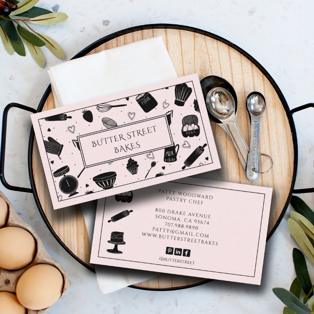 Tarjeta De Visita Cute Baker Pastry Chef Baking Utensiers Pink Black (Subido por el creador)