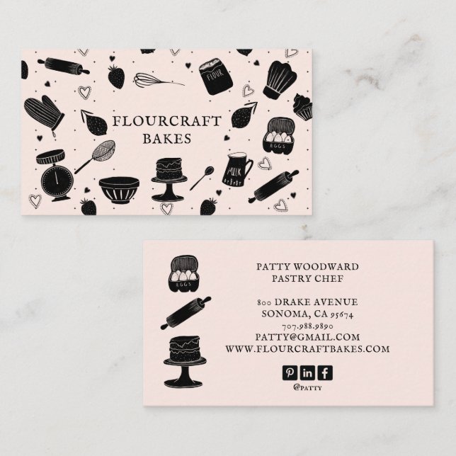 Tarjeta De Visita Cute Baker Pastry Chef Baking Utensiers Pink Black (Anverso / Reverso)