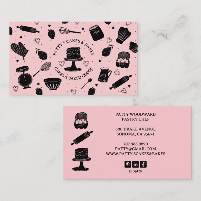 Tarjeta De Visita Cute Baker Pastry Chef Baking Utensies Dusty Pink (Anverso / Reverso)