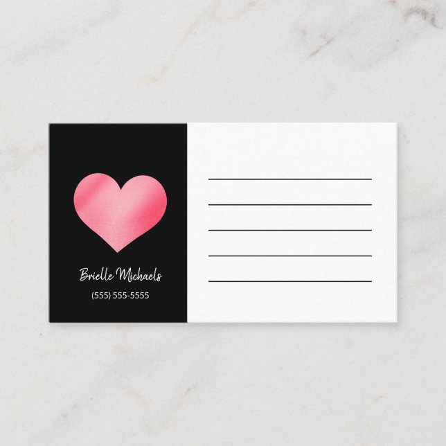 Tarjeta de visita Cute Black and Pink Heart Contac (Anverso)