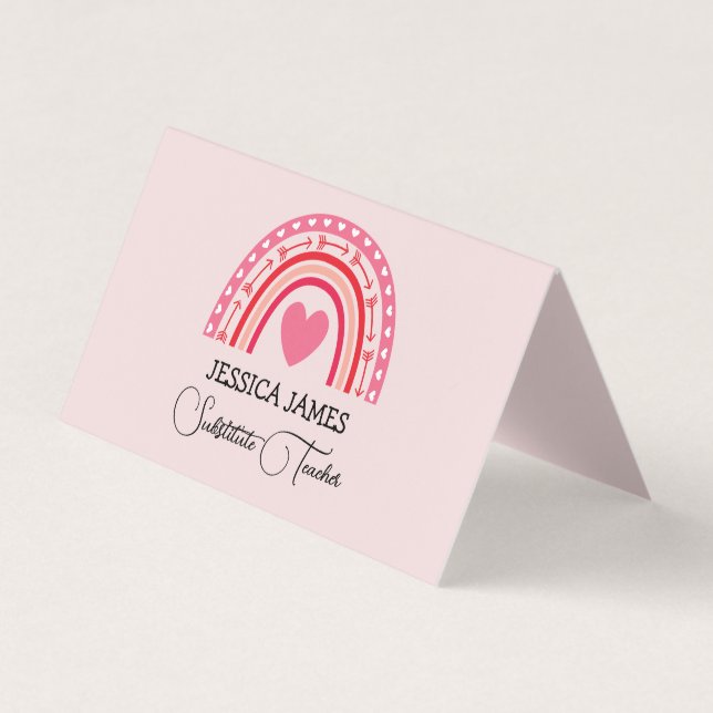 Tarjeta De Visita  Cute Blue Boho Rainbow Substitute Teacher (Anverso)