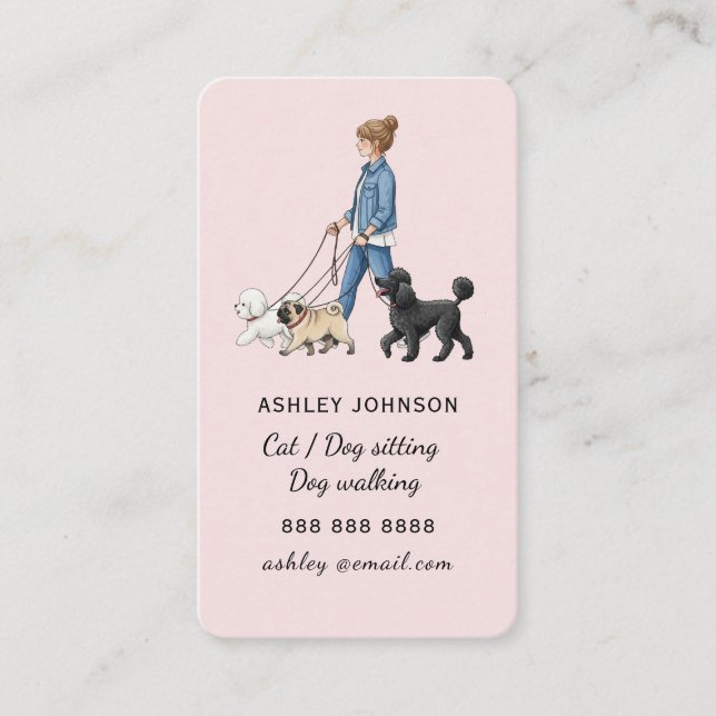 Tarjeta De Visita Cute blush pink Girl walking dogs Dog walker  (Anverso)