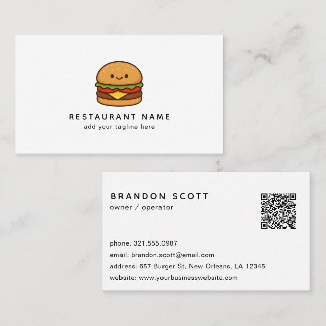 Tarjeta De Visita Cute Burger QR Code Restaurant (Anverso / Reverso)
