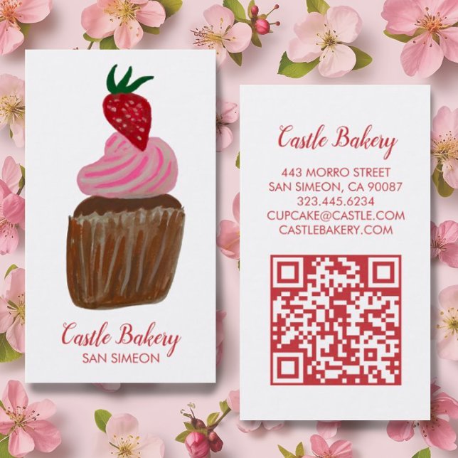 Tarjeta De Visita CUTE CUPCAKE Panadería pastelería Chef moderno cód (Pink strawberry watercolor cupcake on this custom business card with QR code)