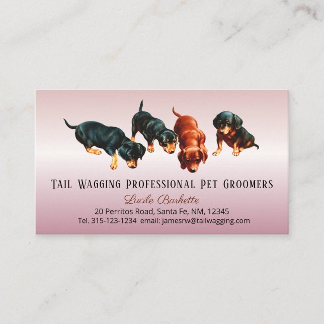 Tarjeta De Visita Cute Dachshund Doxie Pups Pet Grooming Rose Gold (Anverso)