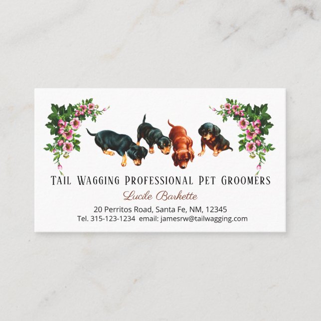 Tarjeta De Visita Cute Dachshund Puppies Pet Grooming Floral (Anverso)