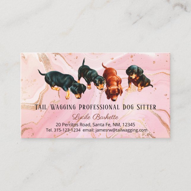 Tarjeta De Visita Cute Dachshund Pups Dog Sitter Pink Gold Agate (Anverso)