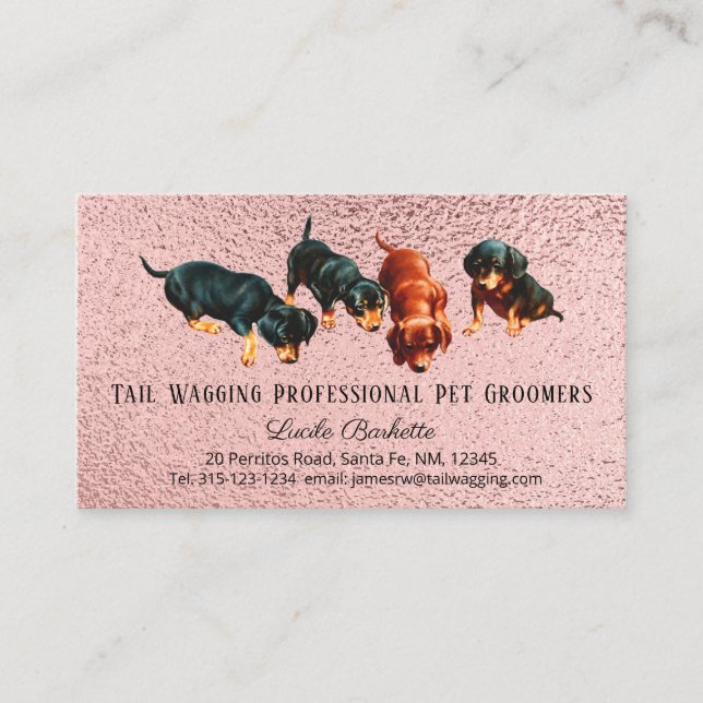 Tarjeta De Visita Cute Dachshund Pups Mascota Grooming Moda Rosa Oro (Anverso)