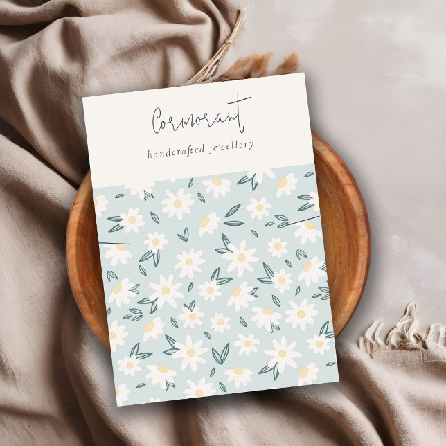 Tarjeta De Visita Cute Daisy Floral Aqua Blue Script Necklace Holder (Subido por el creador)