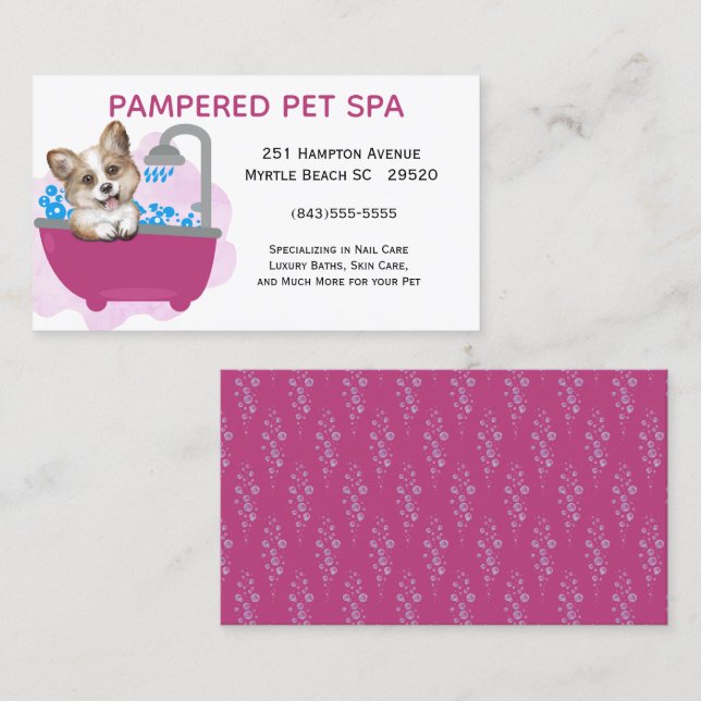 Tarjeta De Visita Cute Dog Bath Mascota morado Groomer Business (Anverso / Reverso)